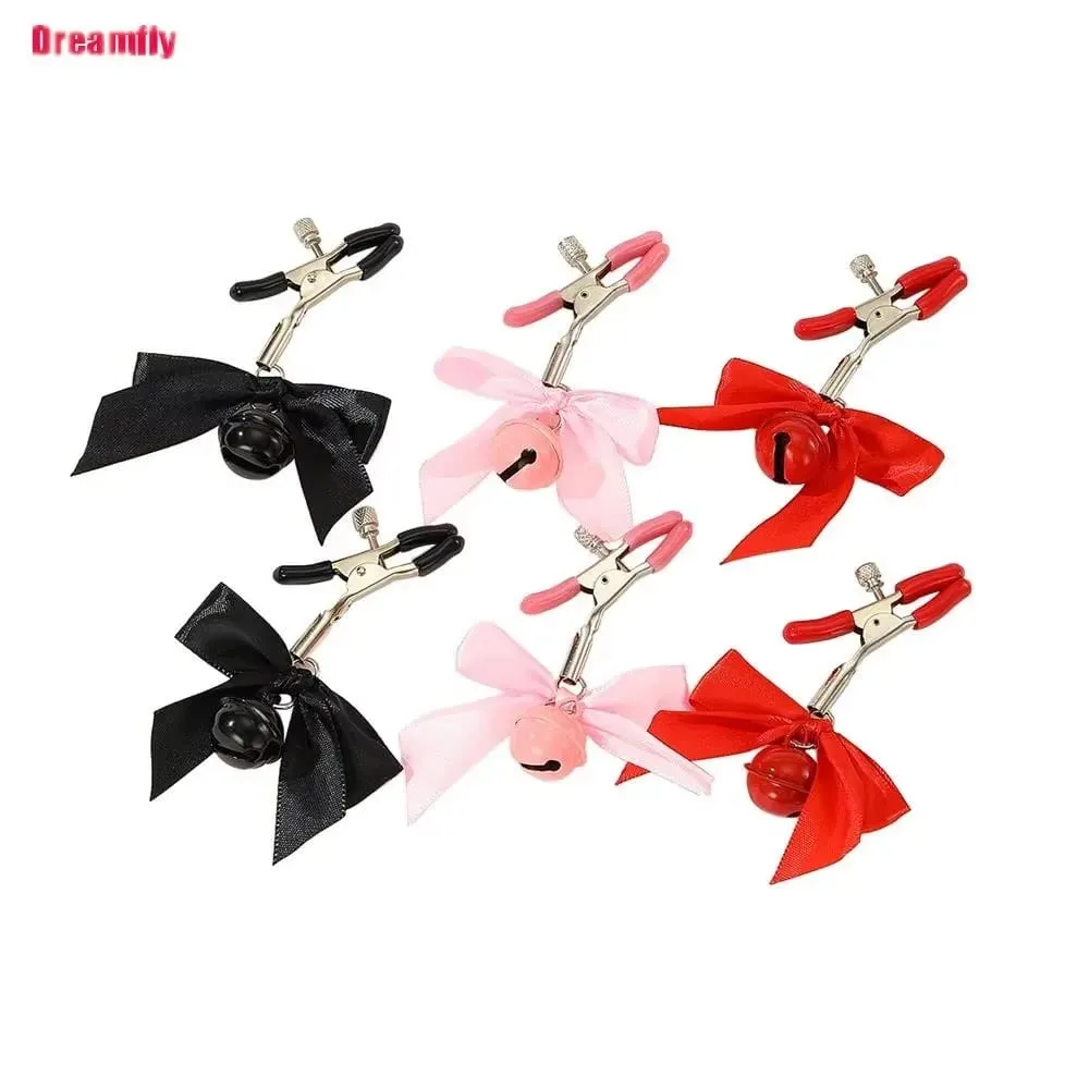 Pinces à tétons en métal pour femmes, 1 paire, petite cloche avec nœud papillon, Stimulation du sein, accessoires exotiques, boule de cheveux de Bondage, jouets sexuels Sexy pour femmes — image 3