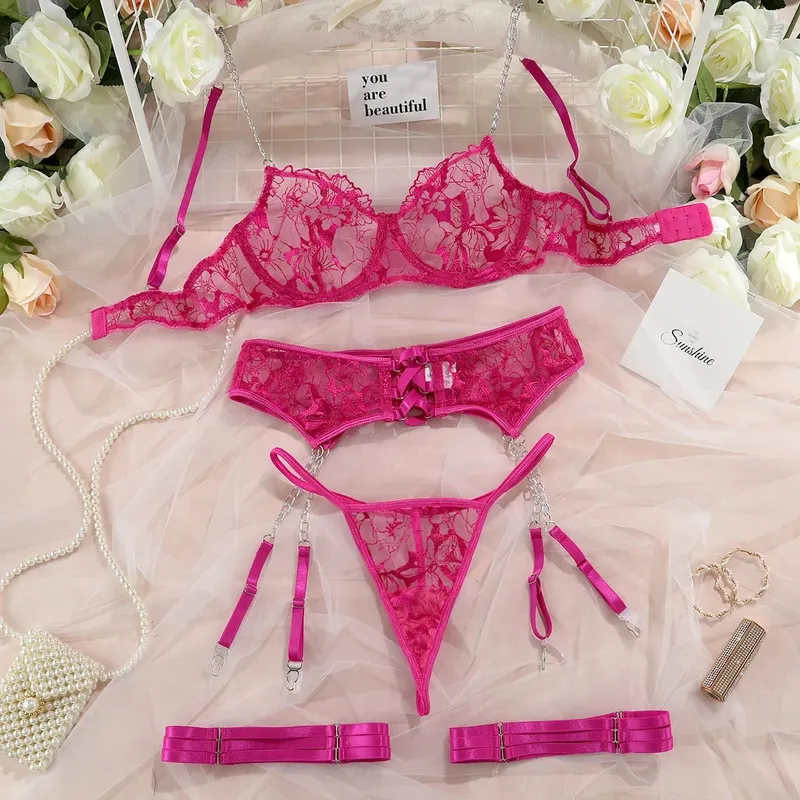 Set di lingerie ricamata in maglia solida Set di abiti esotici a catena sottile da donna con reggicalze Set di quattro pezzi di biancheria intima a croce cava — image 3