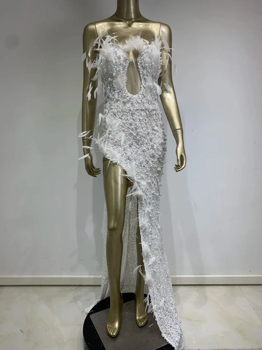 Luxus Sexy Liebsten Feder Pailletten Weiße Perle Maxi Lange Frauen Kleider Kleid 2024 Elegante Party Abend Bühne Leistung Kleid — image 3