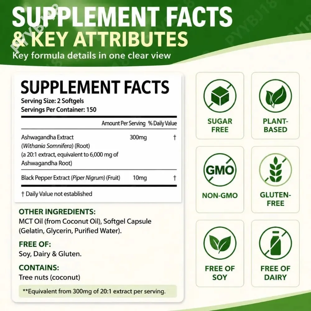 Solo Tree Ashwagandha Complex Softgels Supports Stress Relief Calm Mental Clarity Focus with MCT Oil & Black Pepper 300 Softgels — image 4