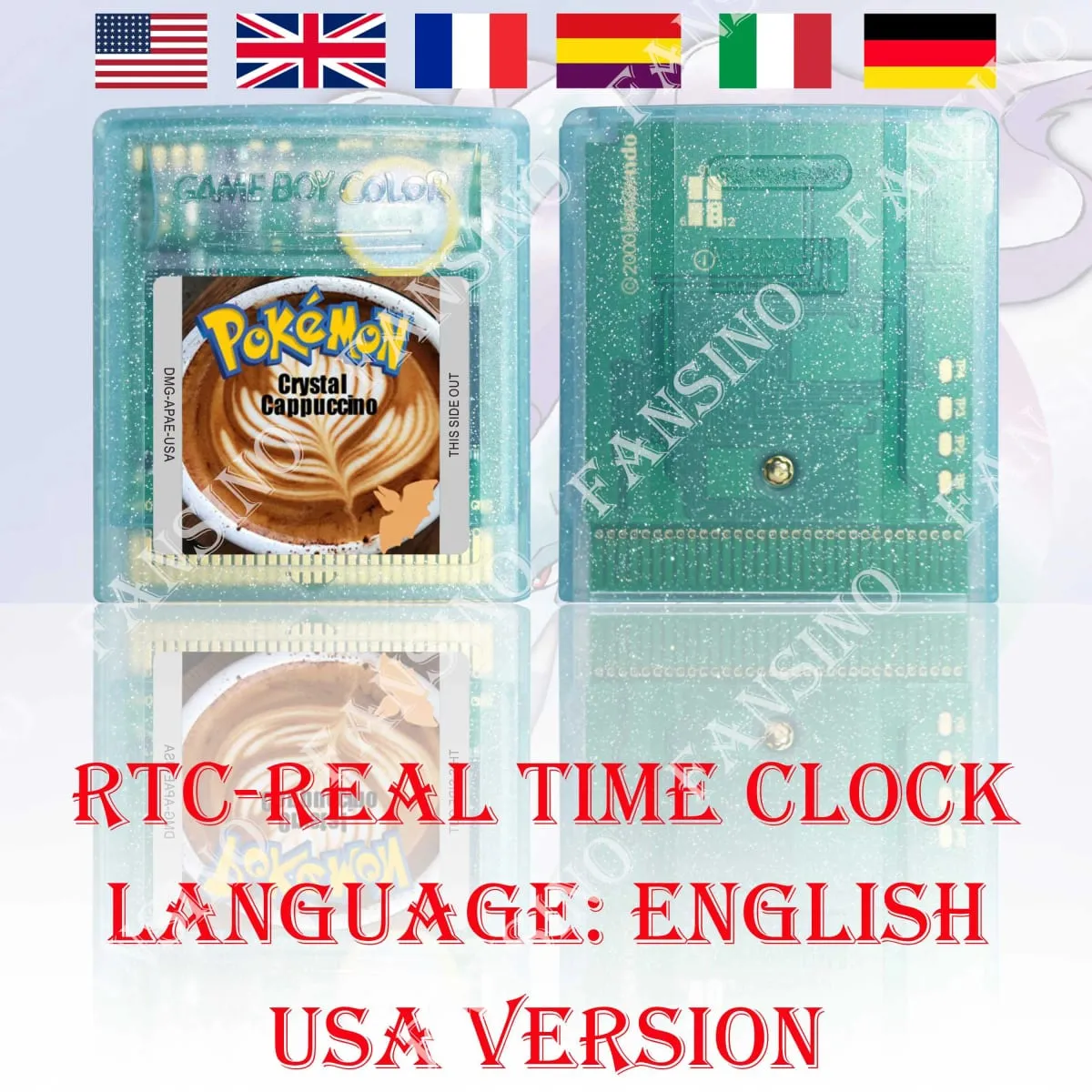 GBC horloge en temps réel Pokemon Crystal Cappuccino (v1.0) cartouche de jeu vidéo GBC de haute qualité avec batterie pour GBA/GBC
