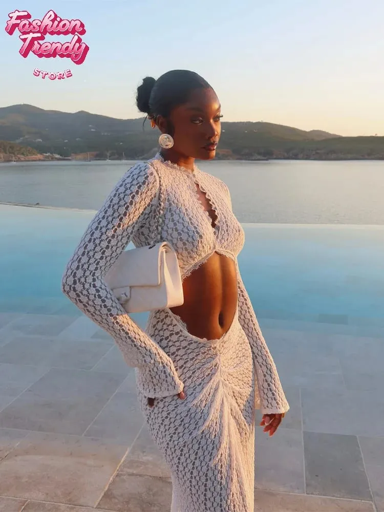 แฟชั่นHollowed-Out Lace Patchworkชุดผู้หญิงO-คอยาวแขนยาวBodycon Maxi Dressesฤดูร้อนLadyชุดวันหยุด — image 3