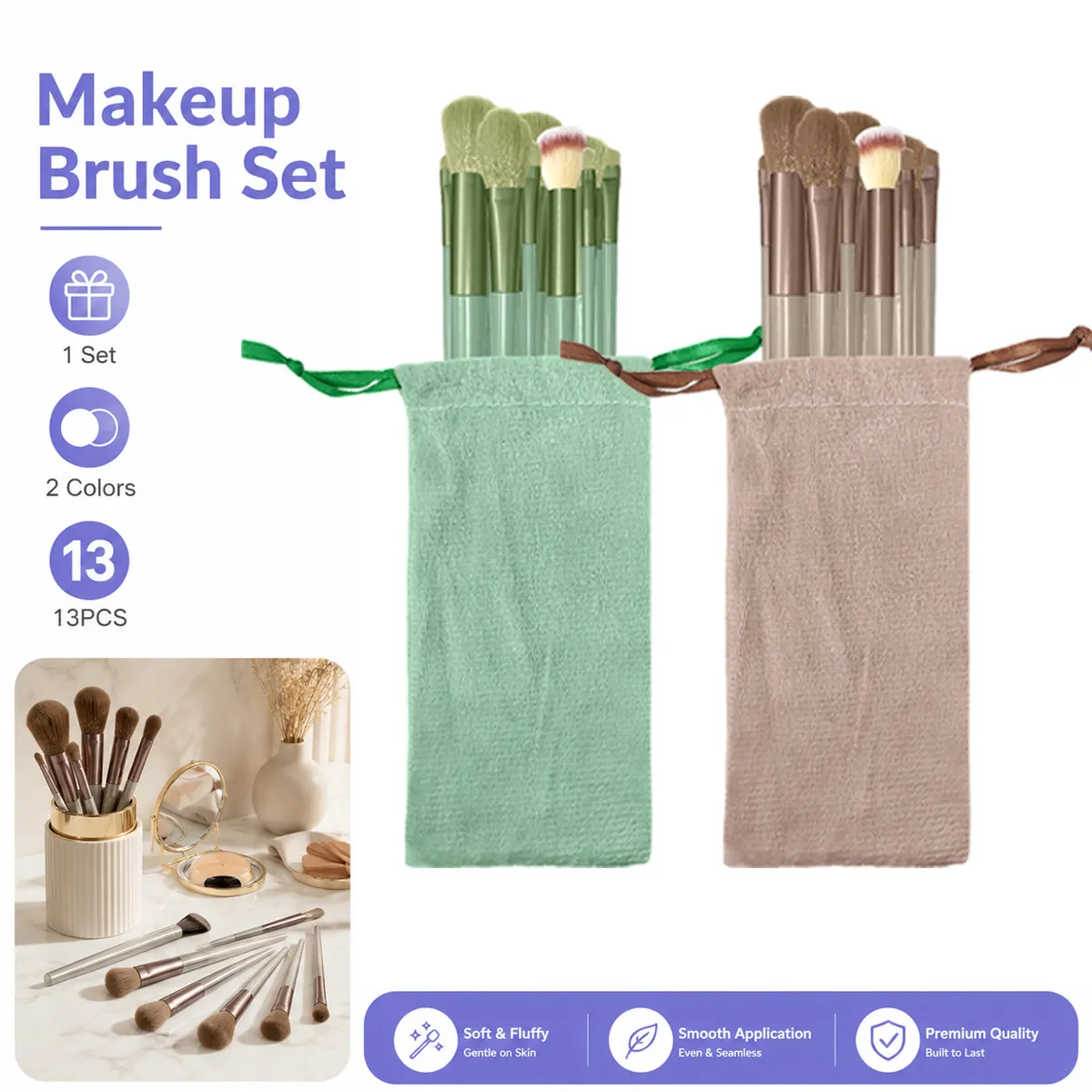 13PCS/set Berus Mekap Set Berus Kosmetik Gentian Sintetik Lembut Untuk Muka Foundation Blush Eyeshadow Dengan Beg Penyimpanan — image 1