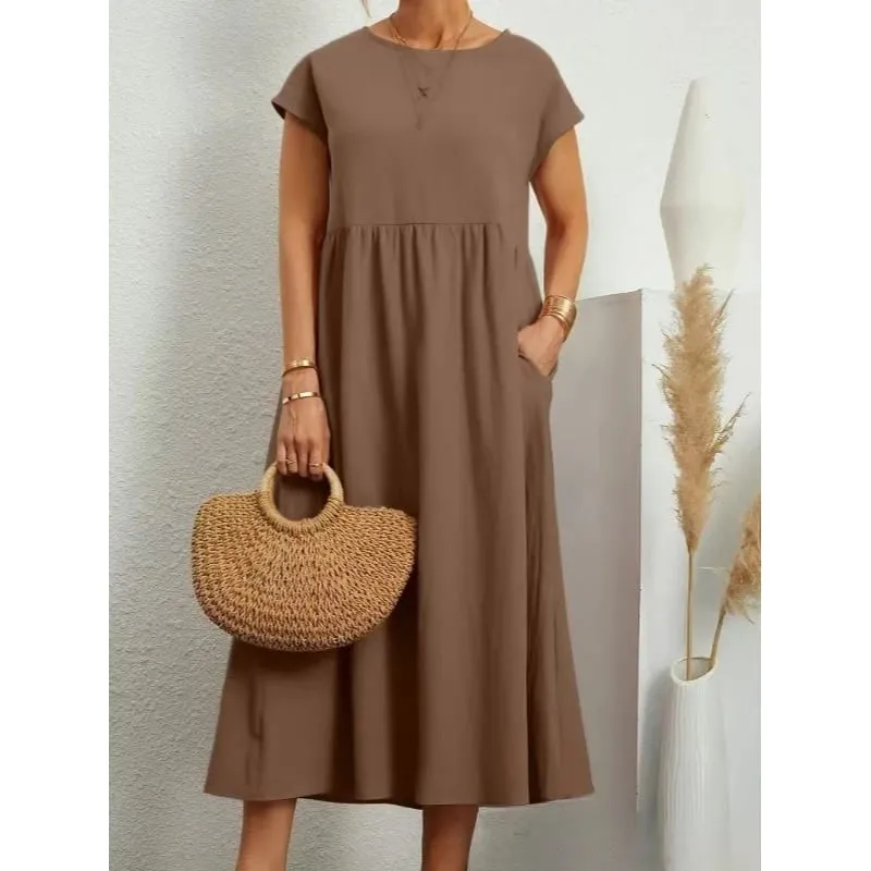 Gaun Linen Kapas Pepejal Premium yang Elegan Midi Musim Panas dengan Poket Longgar Leher Krew Kasual Lengan Pendek untuk Perjalanan Pantai — image 17