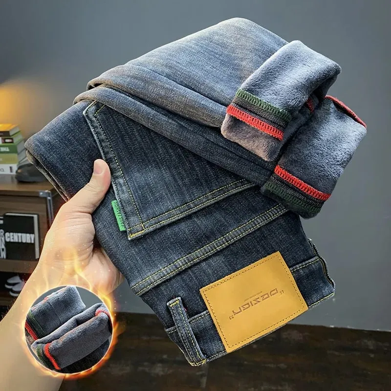 Fleece-Lined Thick Jeans Men's Winter 2023 New Casual Small Straight Pants Slim-Fit Fleece All-Matching Trousers — image 4