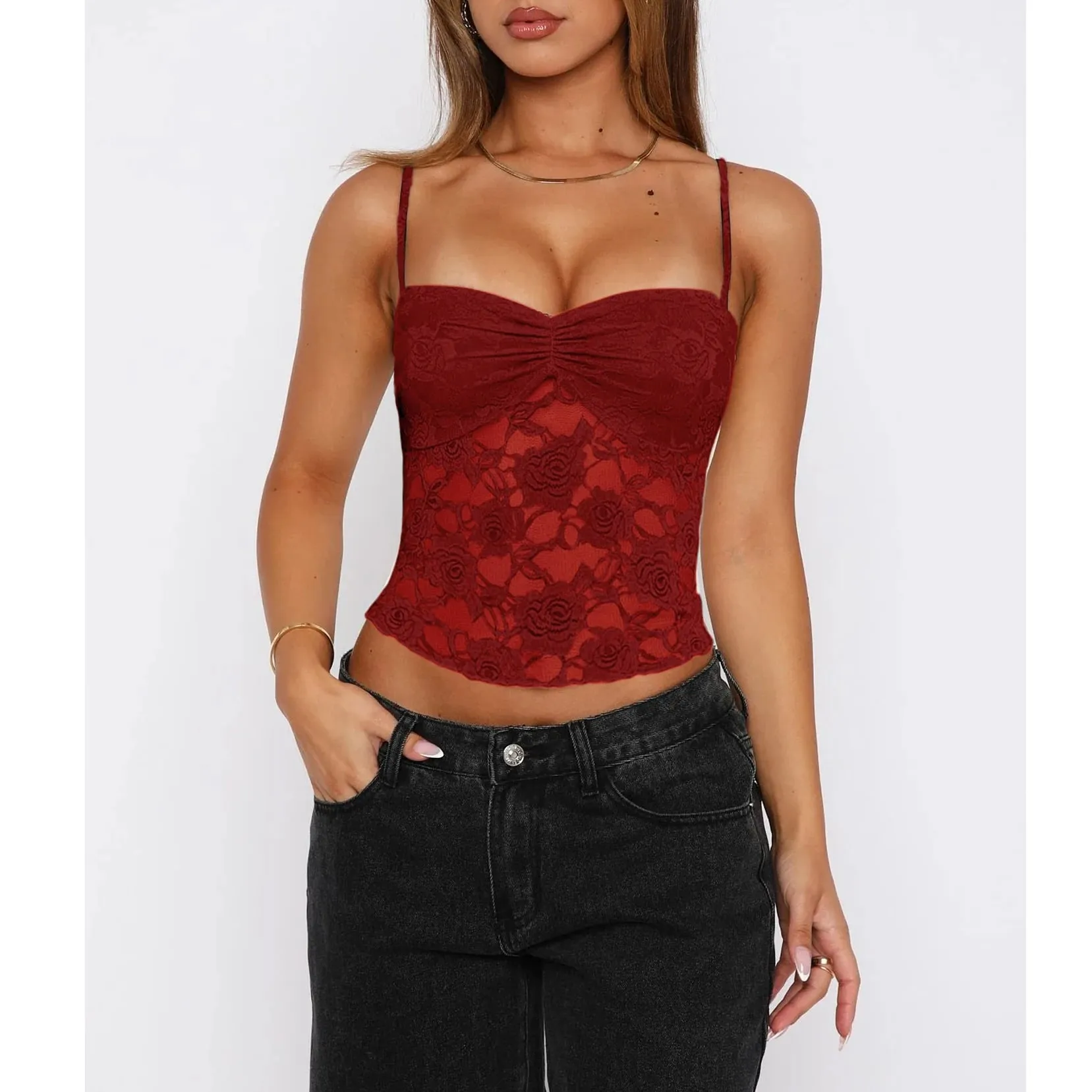 Haut caraco en dentelle d'été pour femmes, sans manches, froncé sur le devant, couleur unie, débardeur Slim Fit