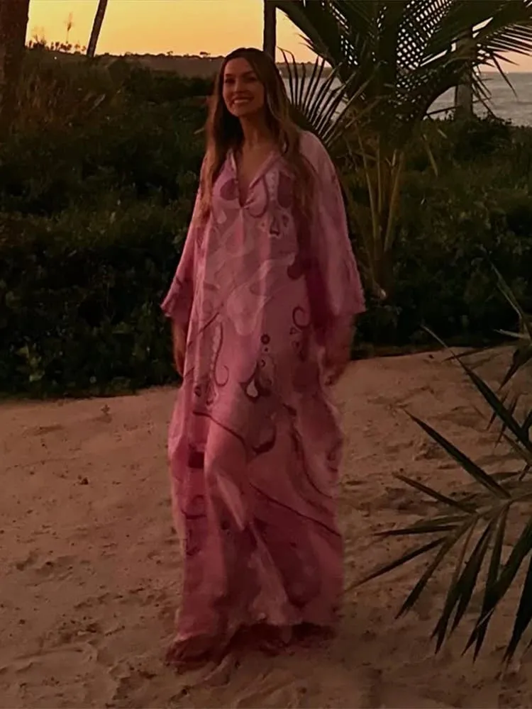 Oversized Women's Print Kaftan Maxi Dress With Pink Pattern Loose Fit Full Sleeve Long Dresses Summer Beach Vacation Outfit Robe — image 7