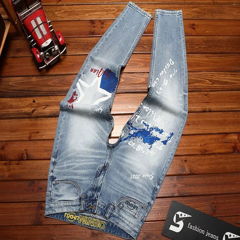 Seluar jeans bercetak bergaya untuk lelaki retro biru anjal slim fit kaki kecil fesyen jalanan seluar kasual denim mewah