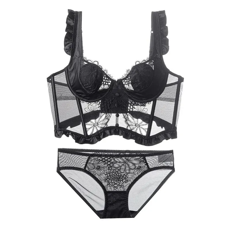 French Fishbone Lace Minimizer Bra Soft Underwire Open Back Lingerie Set for Women Sexy & Pure Push Up Bralette Anti-Sag — image 9