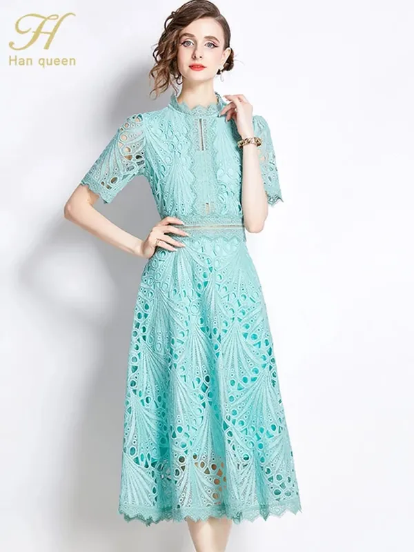 H Han Queen printemps nouveau élégant décontracté travail robes de soirée Floral Crochet évider dentelle Patchwork décontracté bureau robe mi-longue — image 12