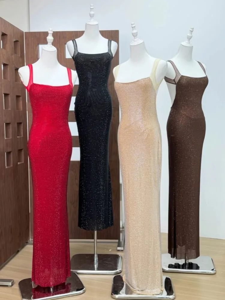 Sexy Square Collar Mesh Patchwork Diamonds Long Dress Women Backless Shiny Rhinestone Slim Dresses Evening Party Cocktail Gowns