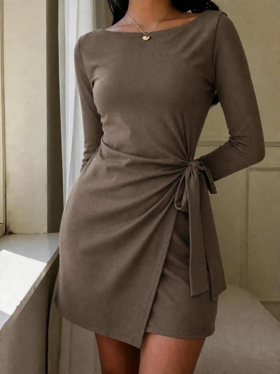 Vacanza incrociata con coulisse annodata casual elegante tinta unita, mini abiti da donna, abiti autunnali da donna — image 3