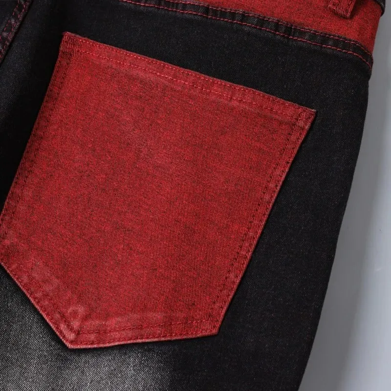 Jeans elasticizzati neri da uomo per pantaloni in denim primaverili e autunnali con dettagli strappati rossi, taglie asiatiche 28-42. — image 4