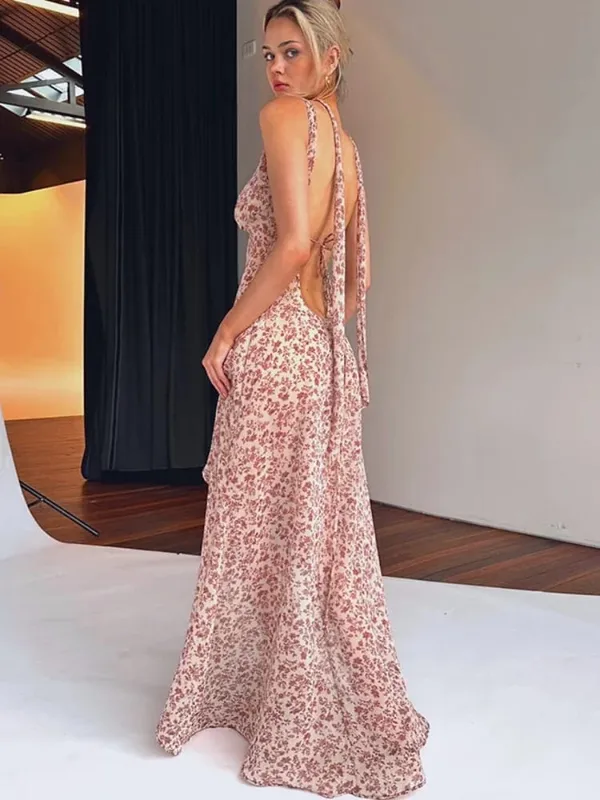 เซ็กซี่ไม่สมมาตรHalter Backlessชุดยาวพิมพ์ลายดอกไม้ชีฟองชายหาดฤดูร้อนชุดสตรี 2023 C15-CI16