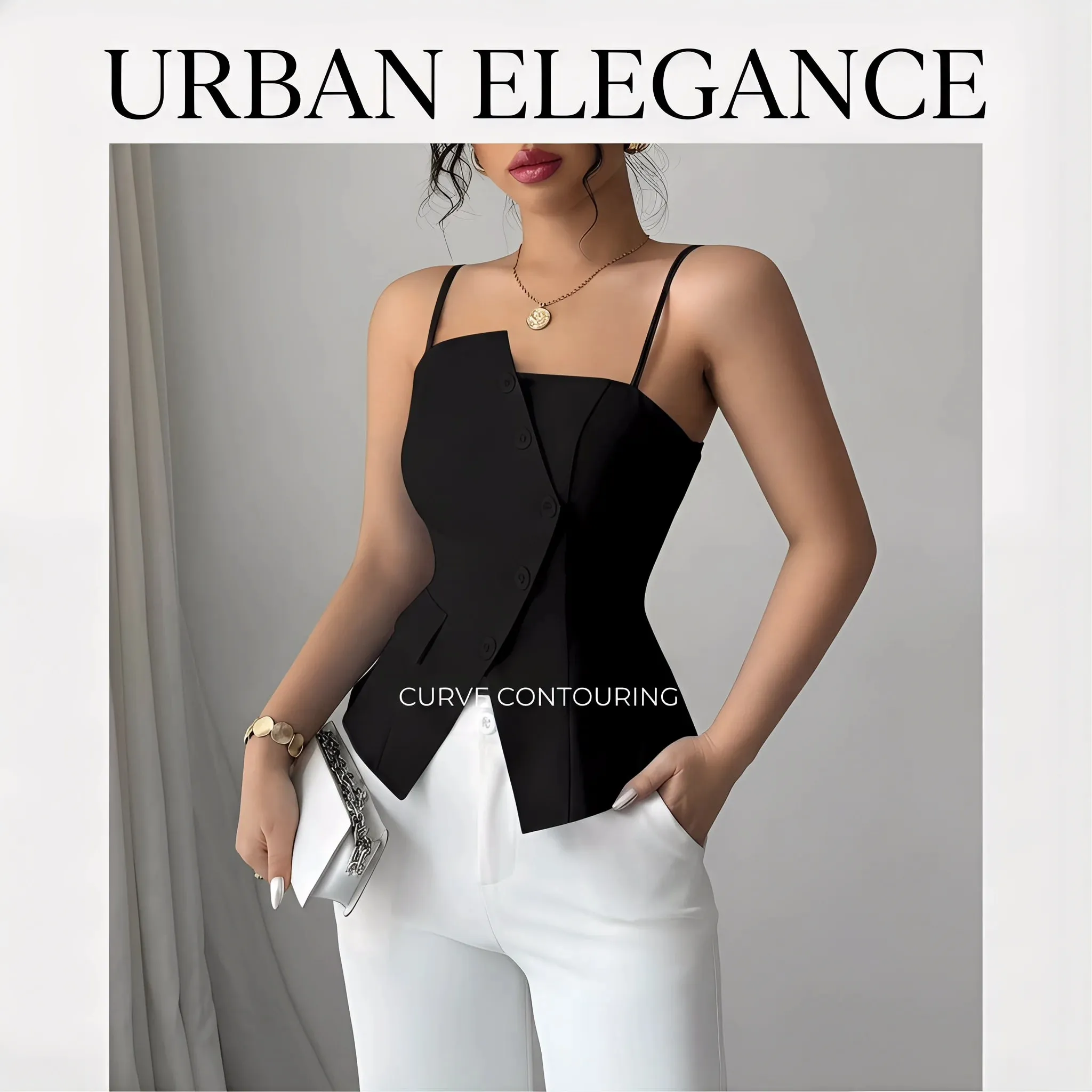 Damen-Cami-Top mit dünnen Trägern, asymmetrischem Knopf-Cami-Top, Knopf-Blazer-Weste, passend für elegante, schicke Bekleidung, Oberteile für Frühling, Sommer, Alltag — image 8