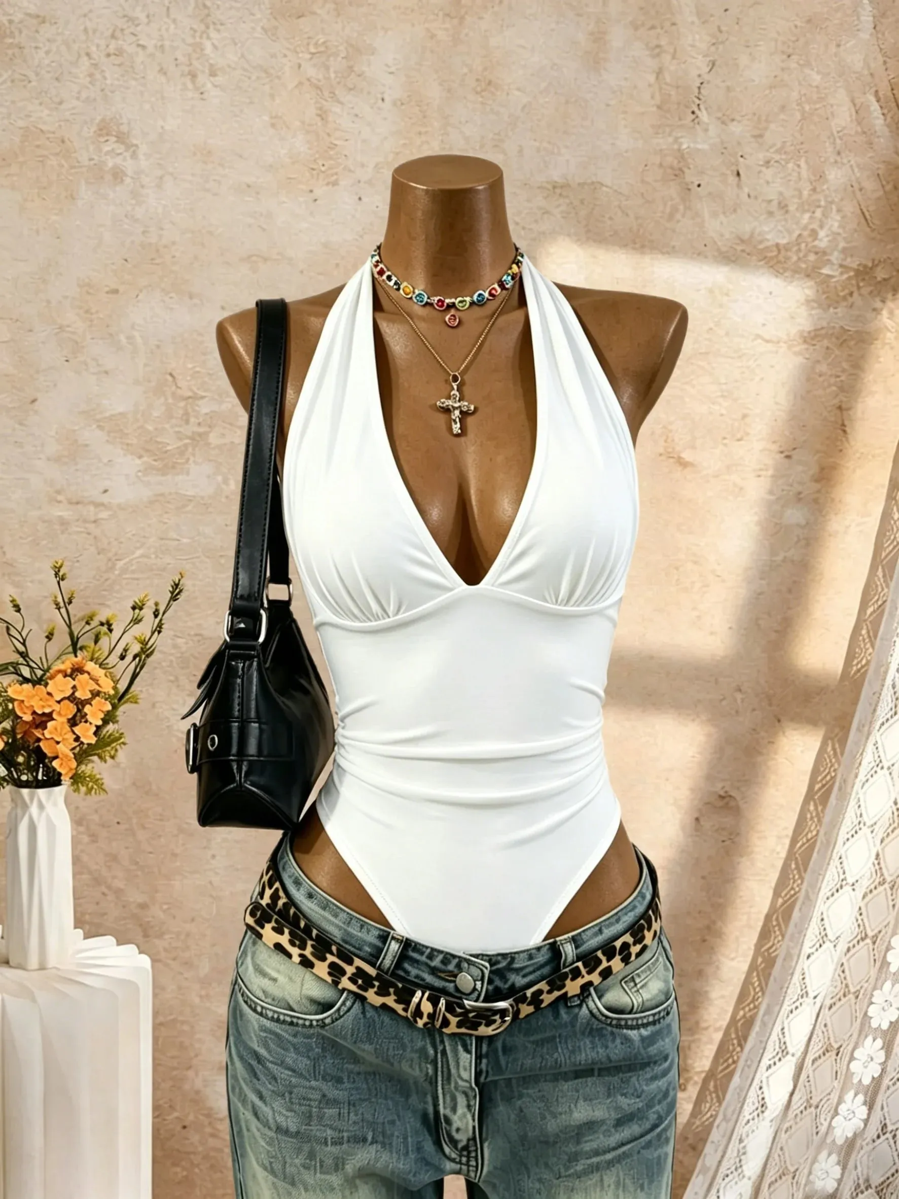 Γυναικείο κορμάκι Halter Deep V λαιμόκοψη μονόχρωμο αμάνικο μπλουζάκι μπροστινό λεπτή εφαρμογή Basic jumpsuit Tank Top — image 6
