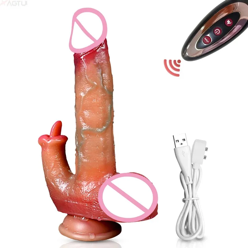 Thrusting Dildo จริง Dildo ลิ้นเลีย Clitoral Stimulator Sex Toy Vibrator ช่องคลอด Anal G-Spot Massager สำหรับผู้หญิงคู่