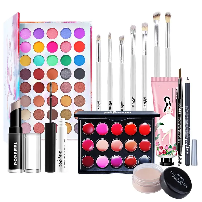 Dárková sada na make-up All-in-One s paletou očních stínů Foundation Lip Gloss štětce na oční linky a další kosmetické dárky