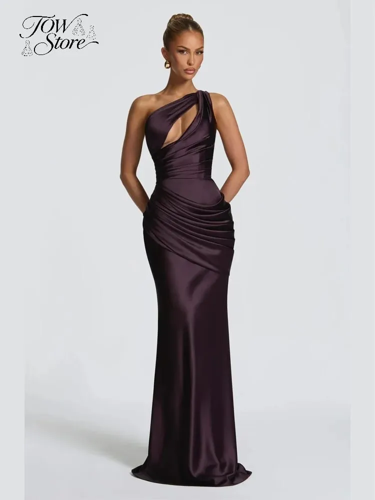 Elegant Solid Ruched Satin Maxi Dress Women One-shoulder Sleeveless Slim Fit Flowy Dresses 2026 Lady Summer Evening Vestidos — image 6