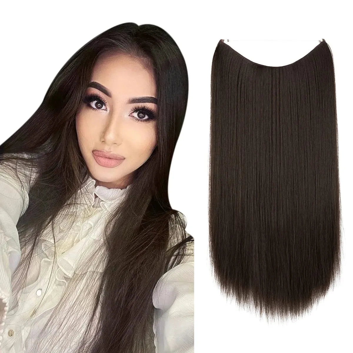 Estensioni per capelli con filo invisibile sintetico resistente al calore premium con clip Posticci Capelli lunghi lisci naturali finti per donna — image 13