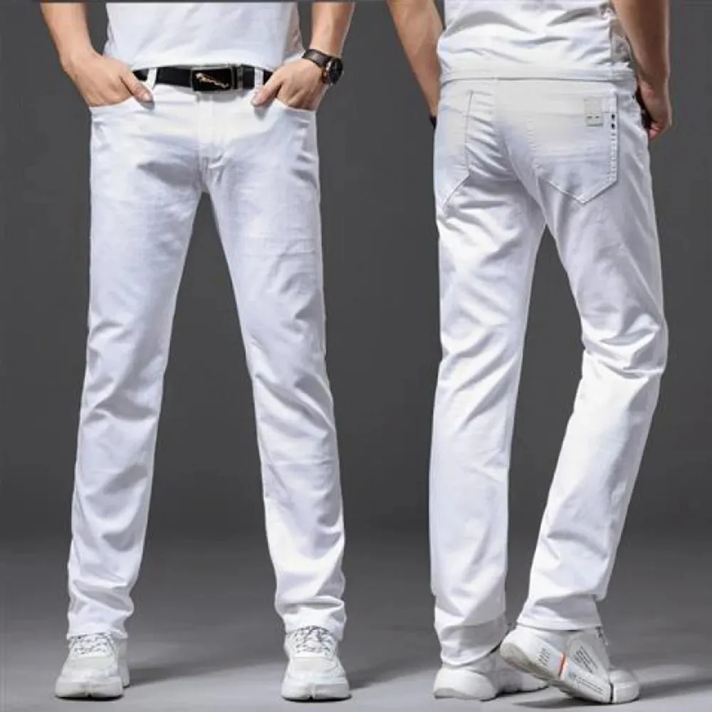 ผู้ชายกางเกงยีนส์สีขาวความยืดหยุ่นตรง SLIM FIT สบายๆธุรกิจคลาสสิกกางเกงแฟชั่นขั้นสูงยืดกางเกงยีนส์กางเกง — image 4