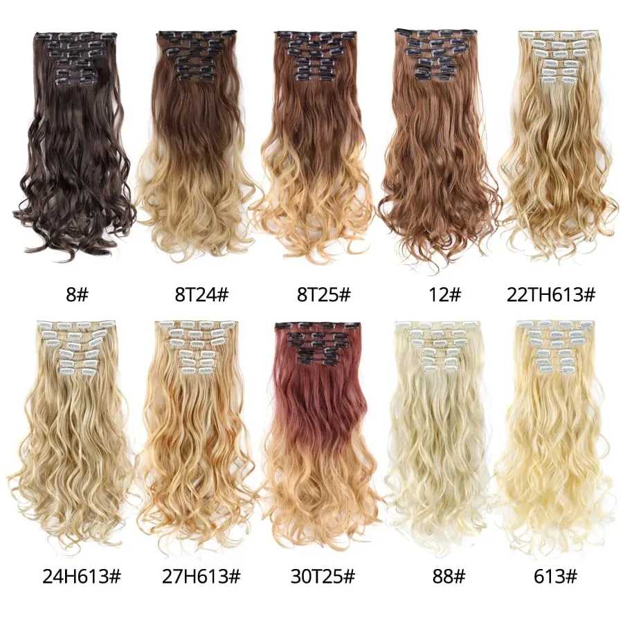 คลิปสีดำในส่วนขยายตรง 22 "ยาวสังเคราะห์หนาคลิปบนผมสำหรับผู้หญิง 6 ชิ้น/เซ็ต CURLY Full HEAD งานแต่งงานทุกวัน — image 4