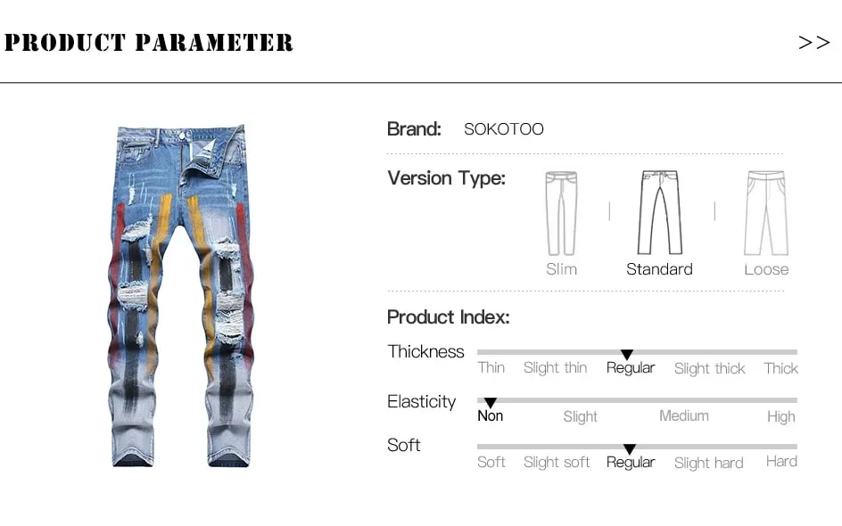Men Painted Denim Jeans Contrast Color Holes Ripped Distressed Pants Non Stretch Cotton Slim Straight Trousers — image 7