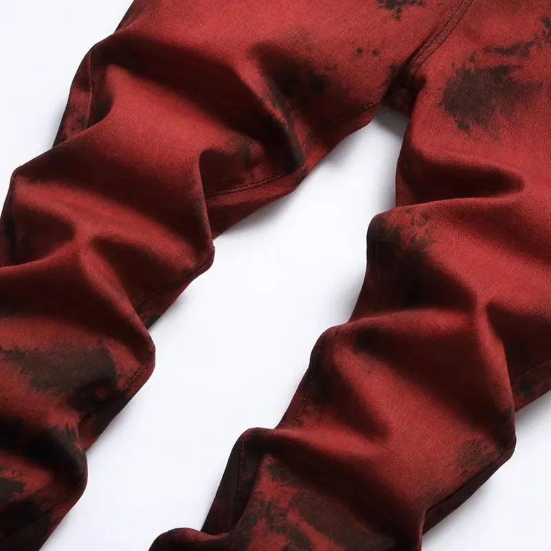 Men Tie and Dye Stretch Denim Jeans Brick Red Slim Straight Pants Streetwear Trousers — image 4