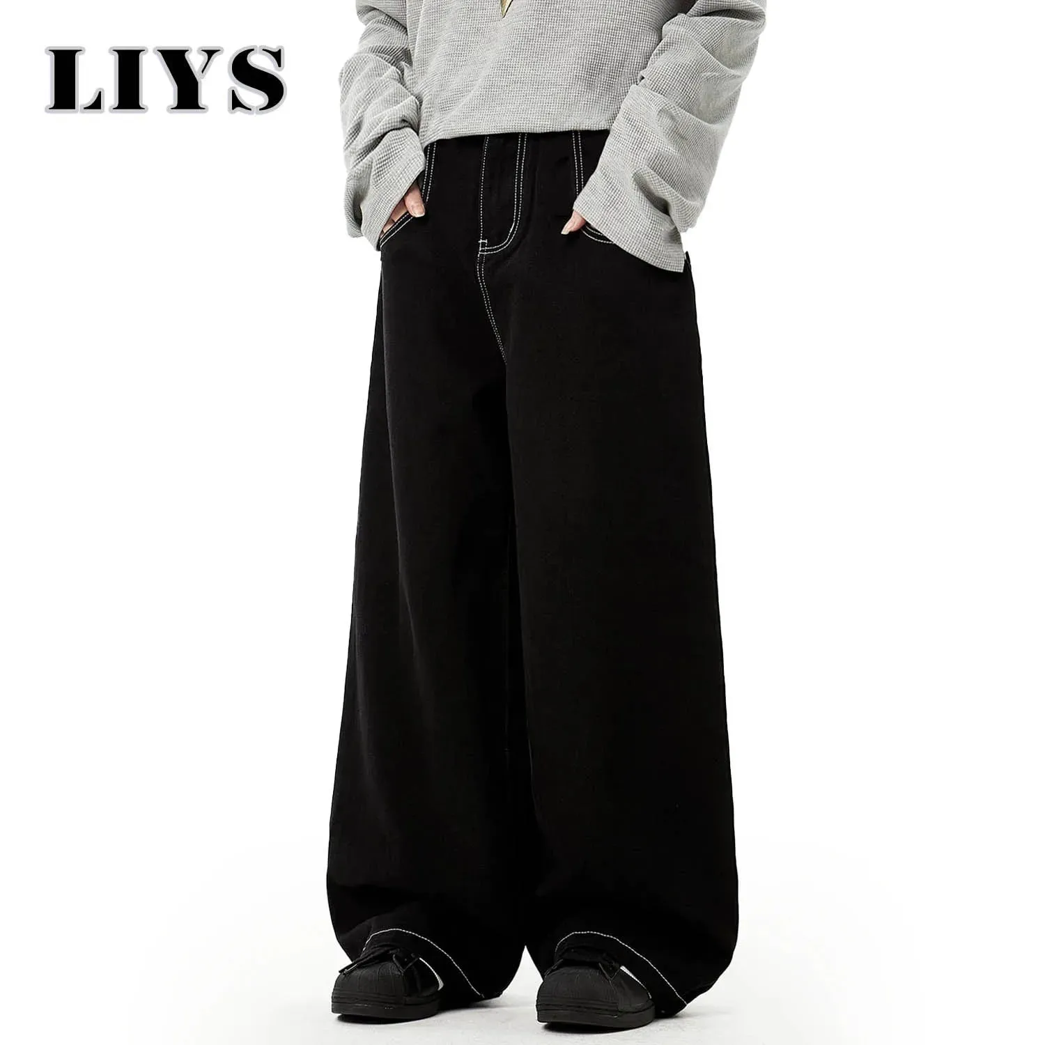 Wiosenne letnie męskie retro czarne luźne dżinsy z szeroką nogawką amerykański podstawowy unisex codzienny codzienne spodnie dżinsowe damskie czarne dżinsy w stosy — image 3