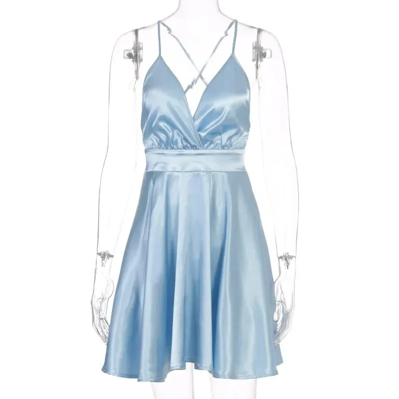 Été Sexy années 2000 européenne et américaine couleur unie col en v nœud High Street style Vintage emo sangle robe sangle a-ligne courte Dres — image 7