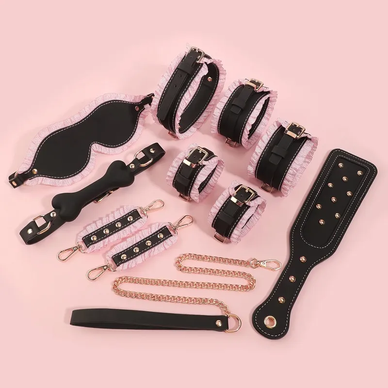 6 PCS BDSM Bondage Set Cameriera Bianca Gioco di ruolo Restrizioni Kit SM Fetish Toys Manette Collare schiavo Benda per coppie Giochi sessuali — image 6