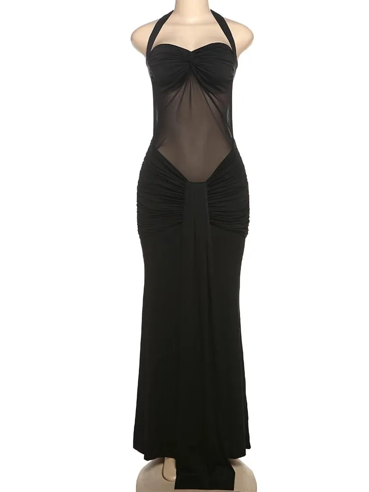 Nibber Halter Mesh Patchwork Dress Women Summer Trend Off Shoulder Backless Ruched Ribbon Midnight Prom Party Hipster Vestidos — image 6