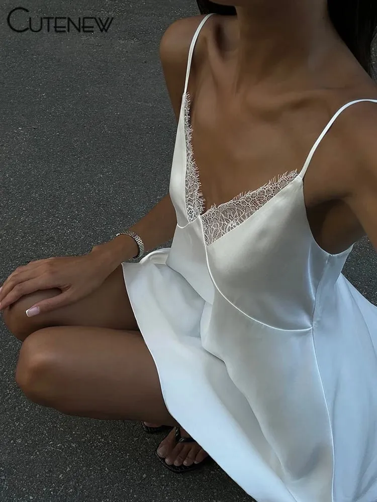 Cutenew A-Lineชุดสตรีเซ็กซี่กระชับลูกไม้Patchwork Backless VคอDraped Mini VestidosหญิงHipster Solidน่าสนใจRobe — image 3