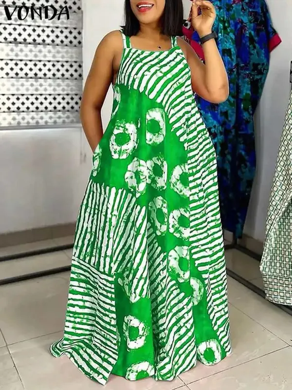 Plus ขนาด 5XL ฤดูร้อน Bohemian พิมพ์ชุด Maxi แขนกุดชายหาด Sundress ยาว Vestido Casual Holiday Robe — image 10