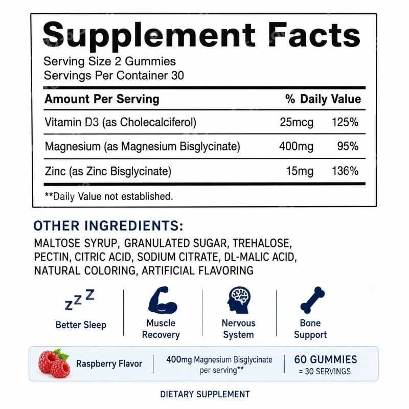 Gomas de bisglicinato de magnésio 400 mg sabor framboesa apoia a saúde óssea e função muscular suplemento dietético para adultos 60 contagem