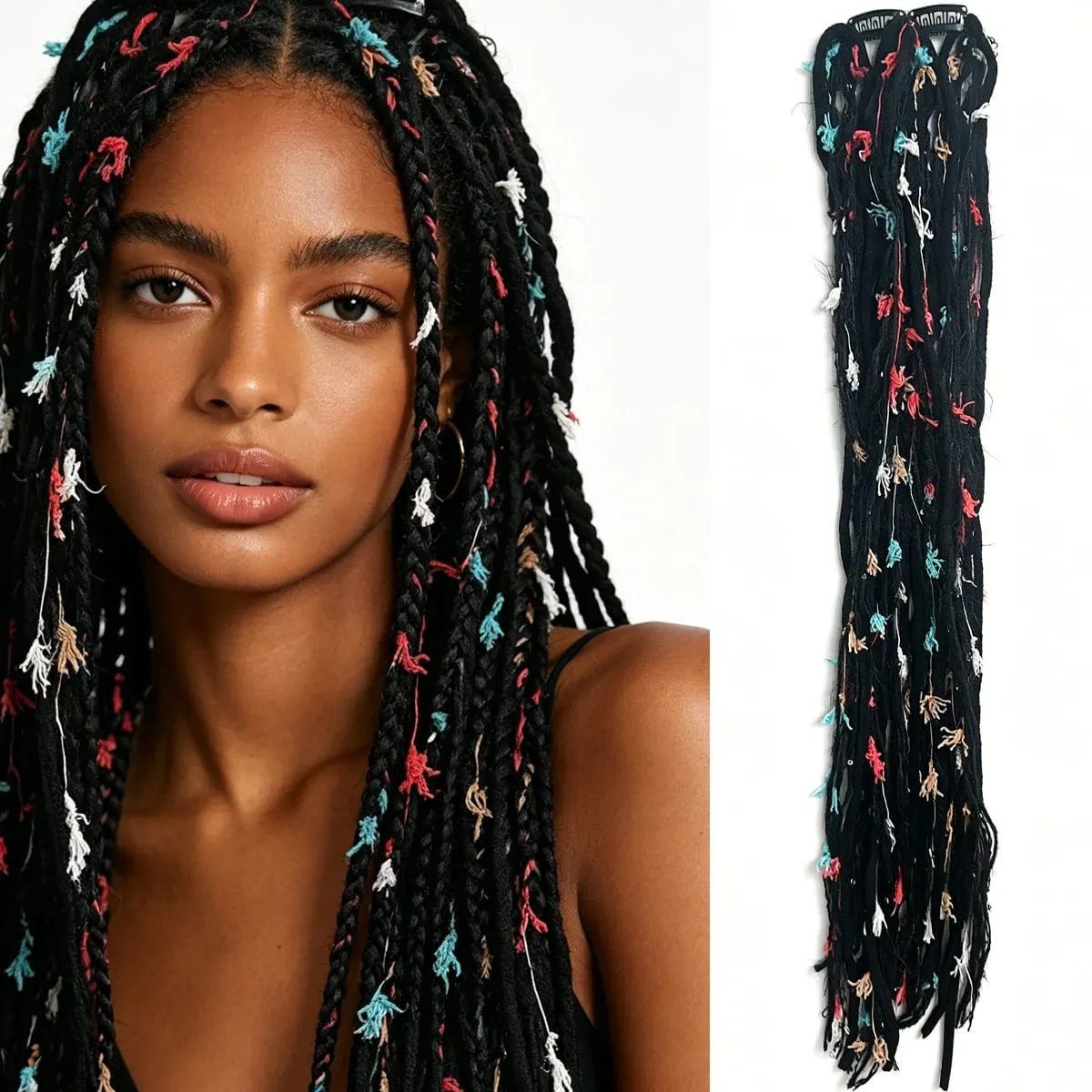 Sintetico 2 pezzi filato di lana Dreadlock clip estensioni dei capelli Maillard lungo Boho nappa colorata trecce vintage capelli per donna — image 10