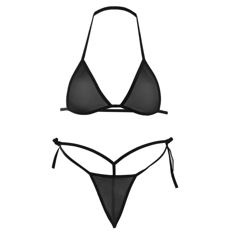 Set Bra Mini Seksi Tanpa Wayar Set Ringkas Bra Tanpa Jala Ultra Nipis Mesh Hitam Lutsinar 2 Keping Halter Set Pakaian Dalam Wanita Eksotik — image 5