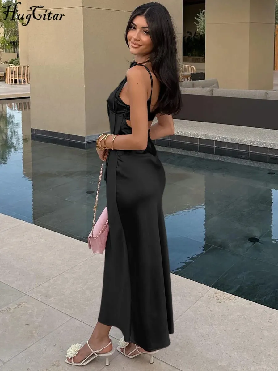Hugcitar V Leher Slip Padat Tanpa Belakang Hollow Out Lace Up Bodycon Seksi Maxi Prom Dress Musim Panas Wanita Pakaian Elegan Pesta Hari Lahir — image 6
