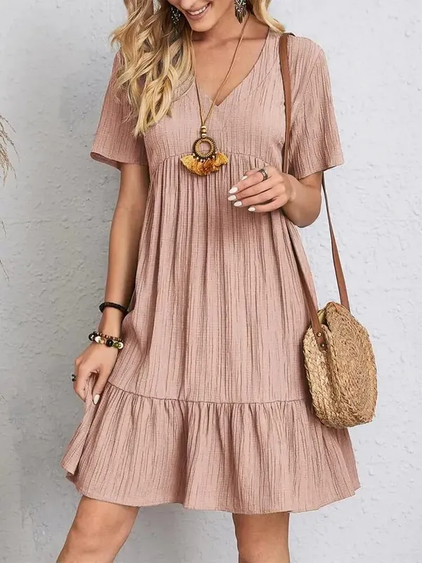 Elegant Vคอชุดสาย 2024 ฤดูร้อนใหม่Rufflesหลวมชุดมินิลำลองแขนสั้นBeach Party Vestidos Streetwear — image 5