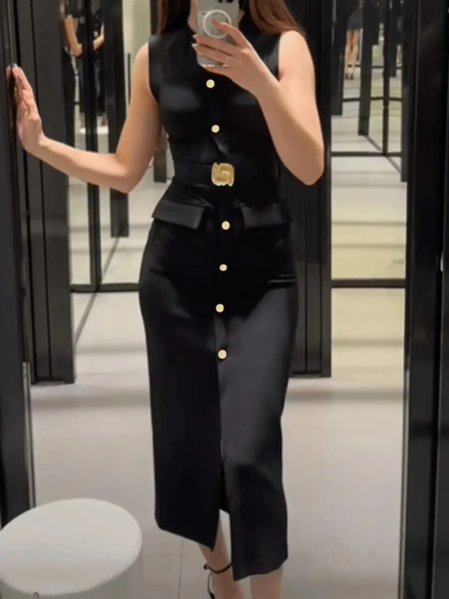 Ærmeløs Button Down Ashirt-kjole med bælte Ensfarvet Slids foran Elegant til kontor festkjoler Luksus 2025 Ashirtwaister — image 7