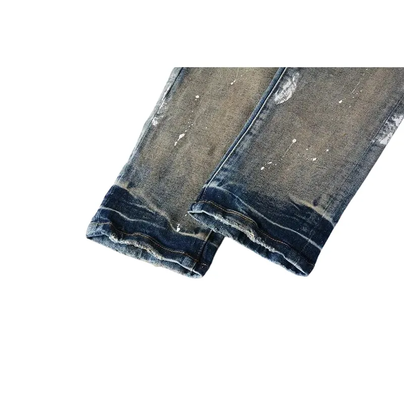 Jeans affusolati slim con strappi multipli da uomo Lavaggio sfumato blu vintage Bottoni con schizzi di vernice bianca Fly High Street Style — image 6