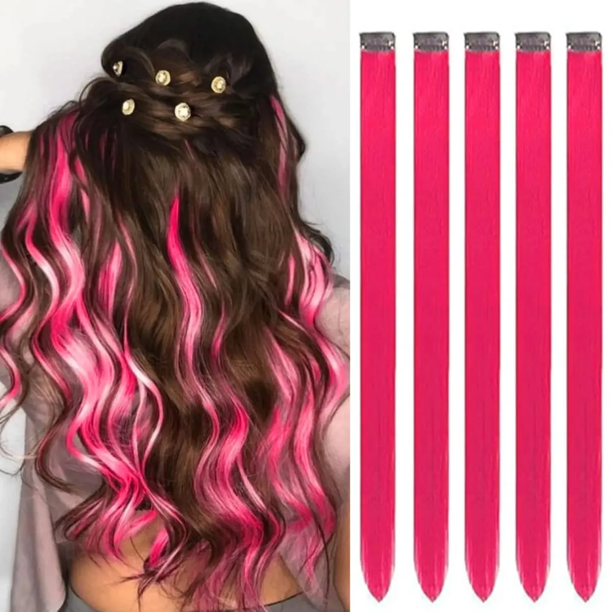 5PCS Colored Clip in Synthetic Hair Extensions Party Highlights Colorful Hair Extensions Rainbow Fake Hair Clips Hairpieces — image 19