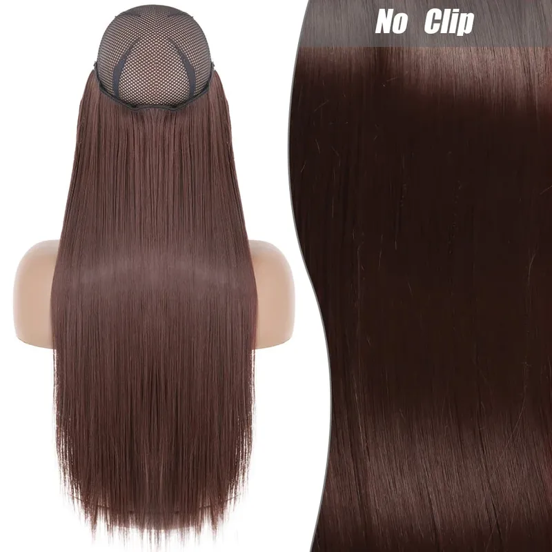 Synthetic Long Wavy No Clips Invisible Wire Hair Extensions Black Brown Blonde Fish Line False Hairpiece Piece — image 25