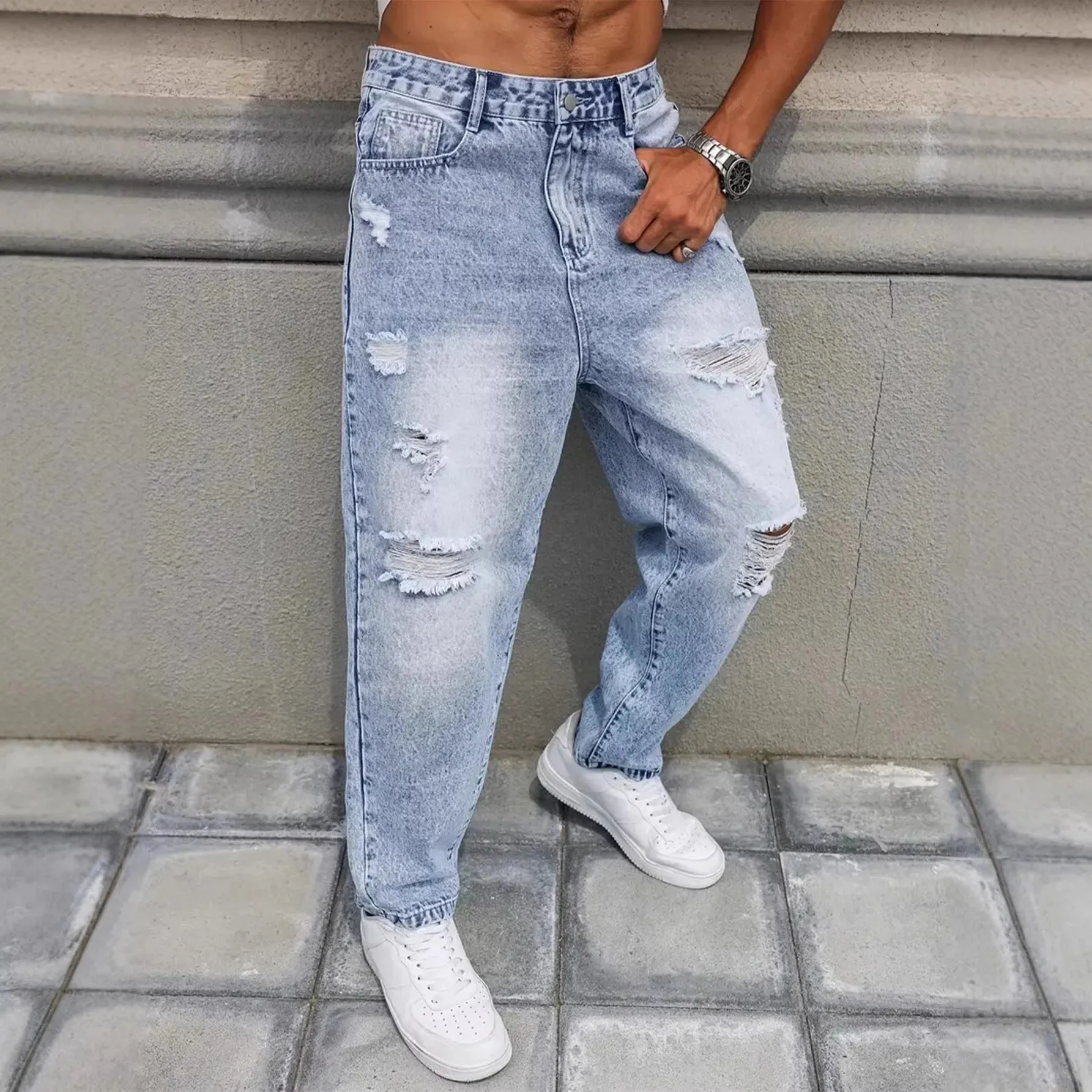 Jean en Denim effiloché déchiré bleu clair pour hommes, jambe droite Non extensible, ample, Baggy, pantalon en détresse, Vintage Y2K Hip Hop Da — image 3
