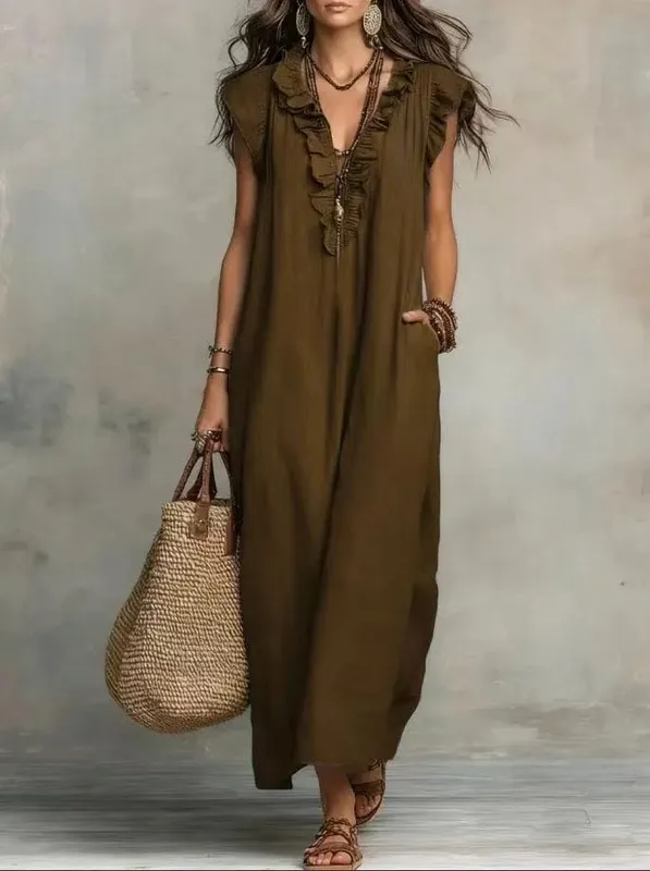 2026 Estate Donna Boho Cotone Lino Maxi Abito Tinta unita Ruffle Scollo a V Senza maniche Abiti lunghi larghi con tasche Casual Beach — image 10