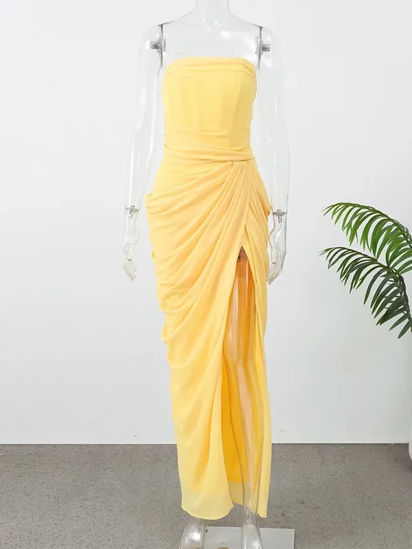 Botergeel Mesh Splicing Lange Jurk Elegante Strapless Split Backless Geplooide Jurken Voor Vrouwen 2026 Lady Avondfeest Jurken — image 13