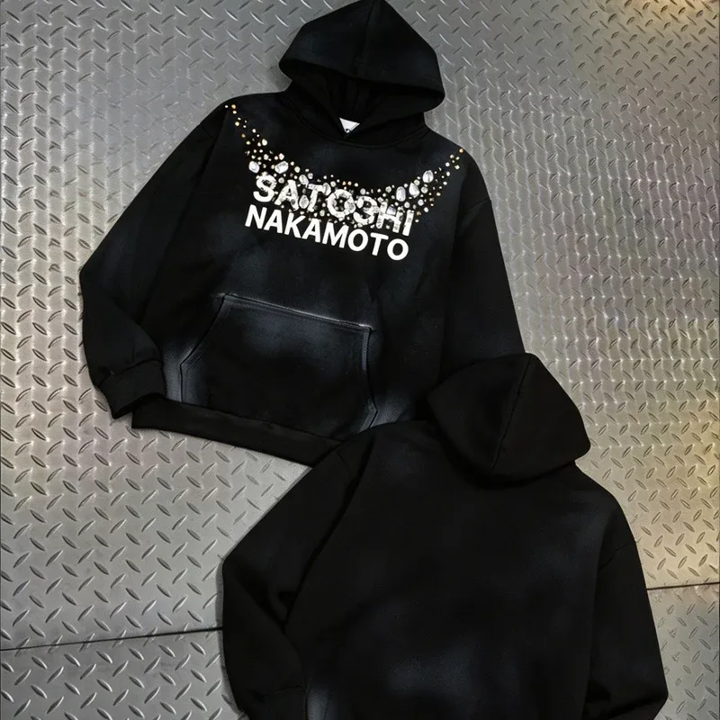 Hoodies Pullover 26ss Vintage Embroidery Leather Pattern Glittering Diamond Print Men's Hooded Hip Hop Style Sweatshirts — image 45