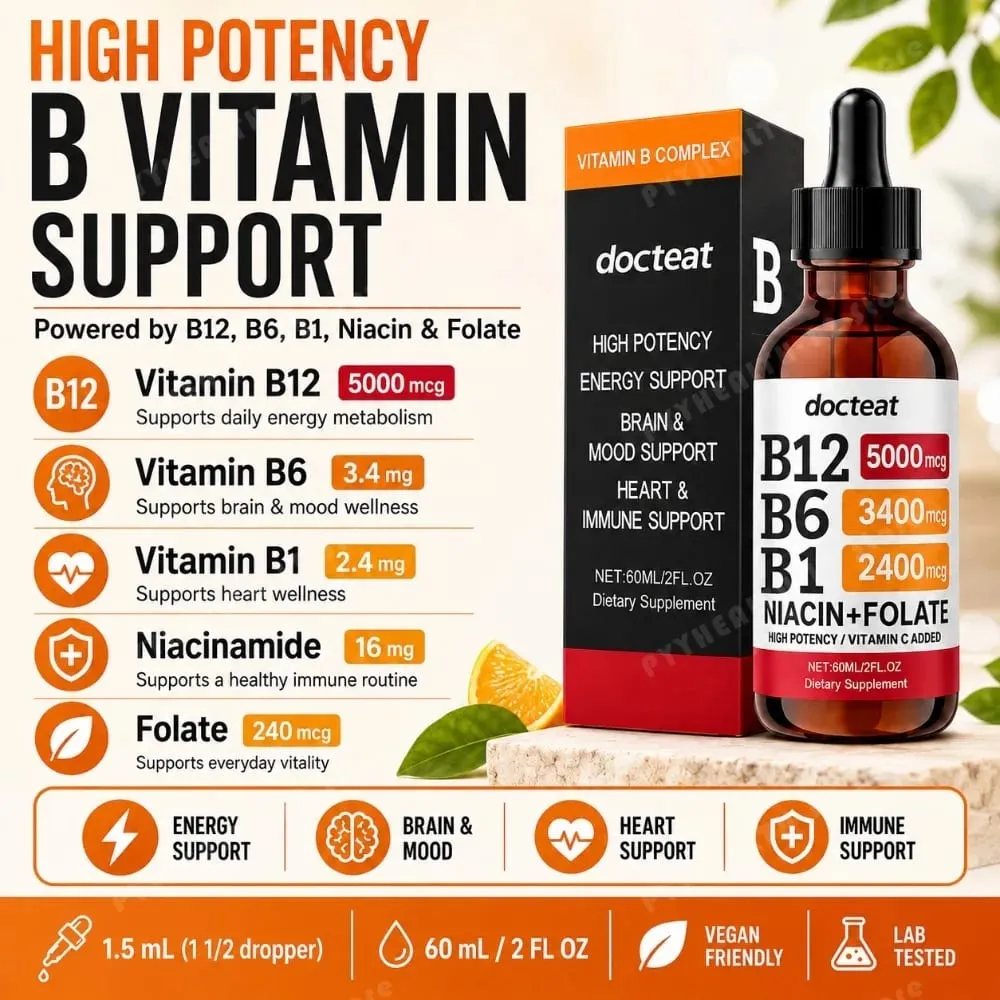 Docteat B Complex Drops 60ml High Power B12 5000mcg Methylcobalamin אנרגיה מוח מצב רוח לב תמיכה חיסונית ללא GMO טבעוני — image 1