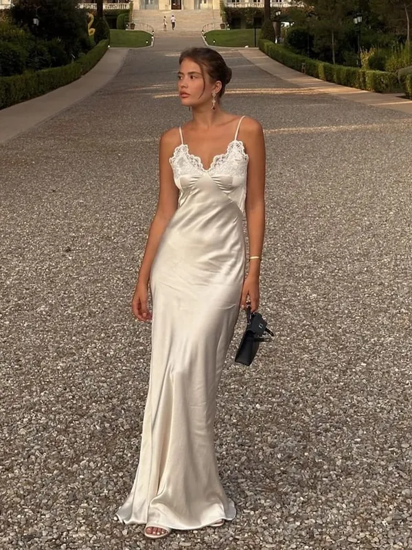 Abiti lunghi da donna sexy con scollo a V in raso Abiti eleganti chic in pizzo bianco patchwork senza maniche abiti slim senza schienale Abito da sera estivo