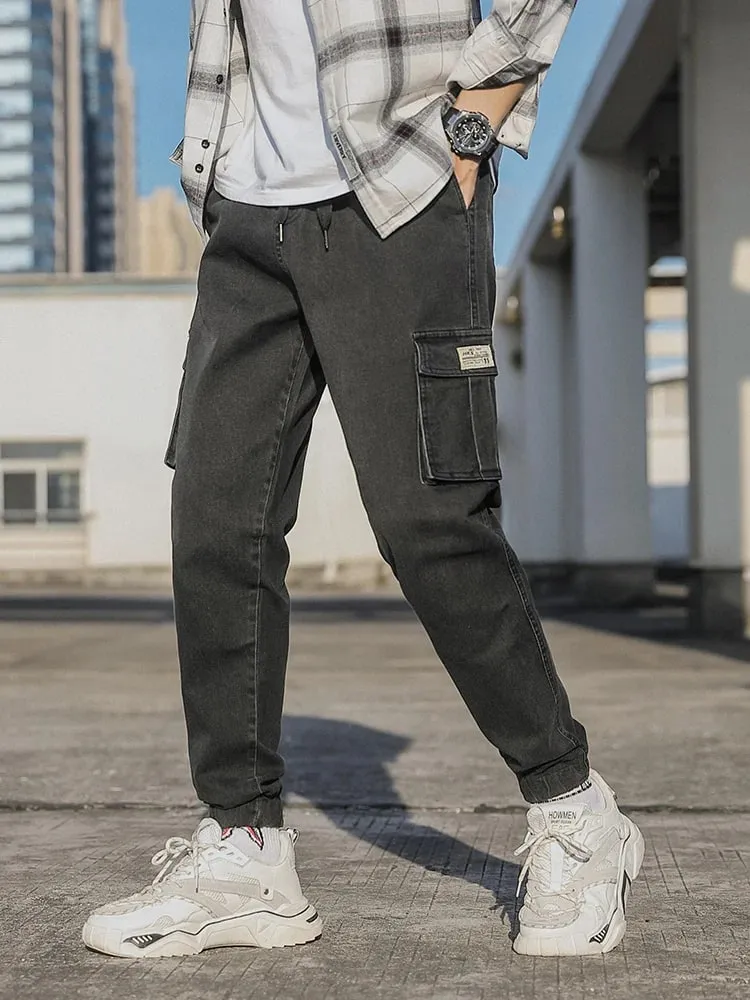 Celana Jeans Jogger Pria Celana Kargo Denim Multi Saku Agak Melar Bahan Katun Dicuci Ukuran Asia L-6XL